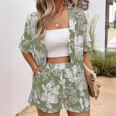 Printed 5-point Sleeve Cardigan Shirt And Shorts Two-piece Set