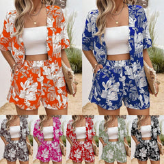 Printed 5-point Sleeve Cardigan Shirt And Shorts Two-piece Set