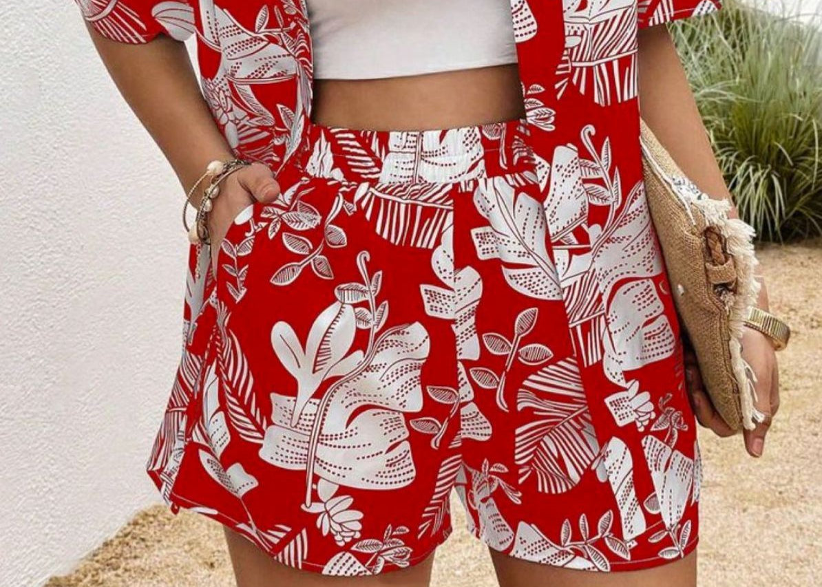 Printed 5-point Sleeve Cardigan Shirt And Shorts Two-piece Set