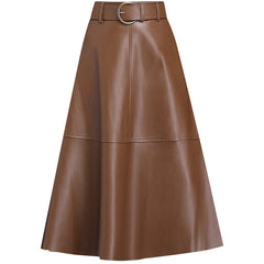 Leather Skirt Female A- Line High Waist Pleated Umbrella Skirt