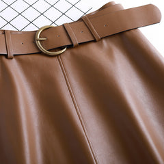 Leather Skirt Female A- Line High Waist Pleated Umbrella Skirt